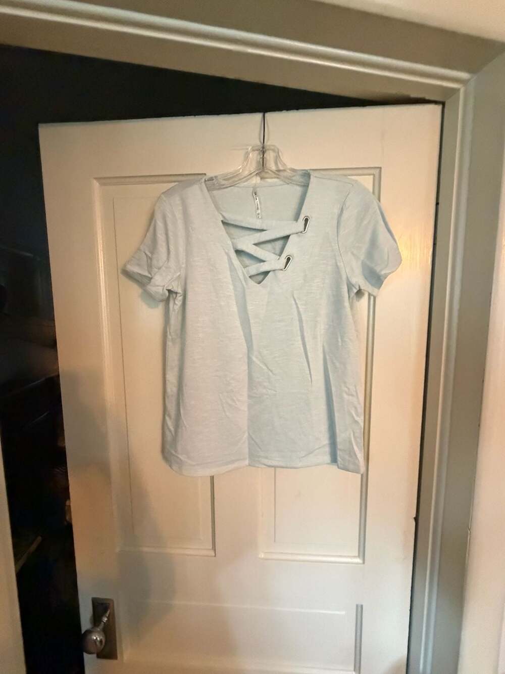 Color Thread Women's Short Sleeve Light Blue Criss-Cross Strappy V-Neck T-Shirt